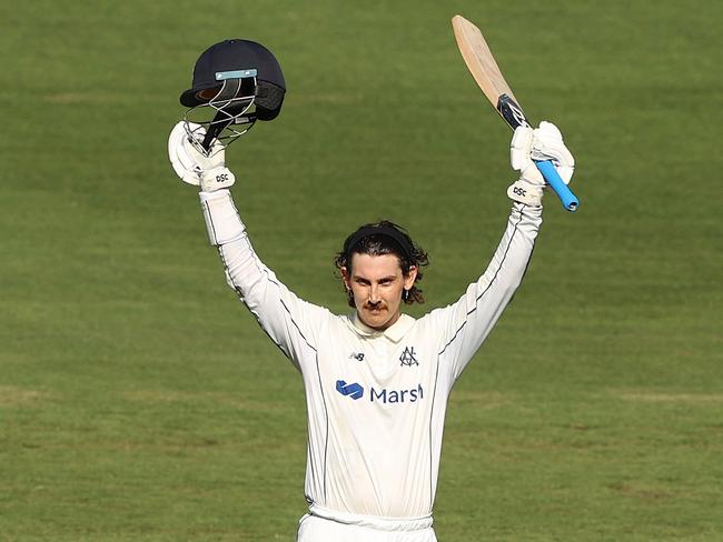 MELBOURNE, AUSTRALIA - NOVEMBER 05: Nic Maddinson of Victoria celebrates after scoring his century during day one of the Sheffield Shield match between New South Wales and Victoria at the Melbourne Cricket Ground, on November 05, 2021, in Melbourne, Australia. (Photo by Robert Cianflone/Getty Images)