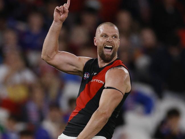 MELBOURNE , AUSTRALIA. April 12, 2024.  AFL. Round 5. Western Bulldogs vs Essendon at Marvel Stadium.    Jake Stringer of the Bombers celebrates a 4th quarter goal    . Pic: Michael Klein