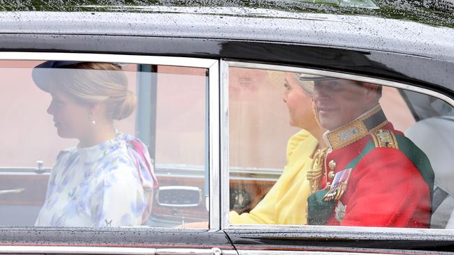 Lady Louise Windsor and Prince Edward, Duke of Edinburgh, and his wife Sophie arrive for Trooping the Colour at Buckingham Palace. Picture: Getty