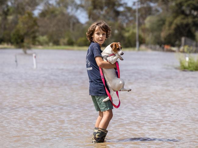 Flood waters rise in The Port of Sale near the junction of Macalister River, Thompson river and La trobe rivers in Gipsland. Finn Hutchin, 7 in flood waters around his home. Picture: Jason Edwards