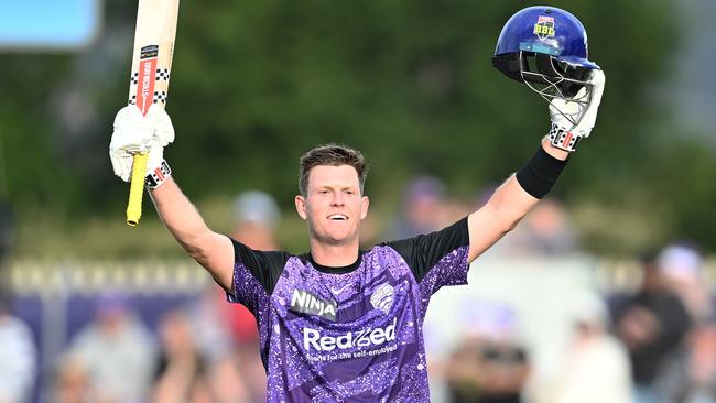 HOBART, AUSTRALIA - DECEMBER 21: Mitch Owen of the Hurricanes celebrates scoring a century during the BBL match between Hobart Hurricanes and Perth Scorchers at Blundstone Arena, on December 21, 2024, in Hobart, Australia. (Photo by Steve Bell/Getty Images)