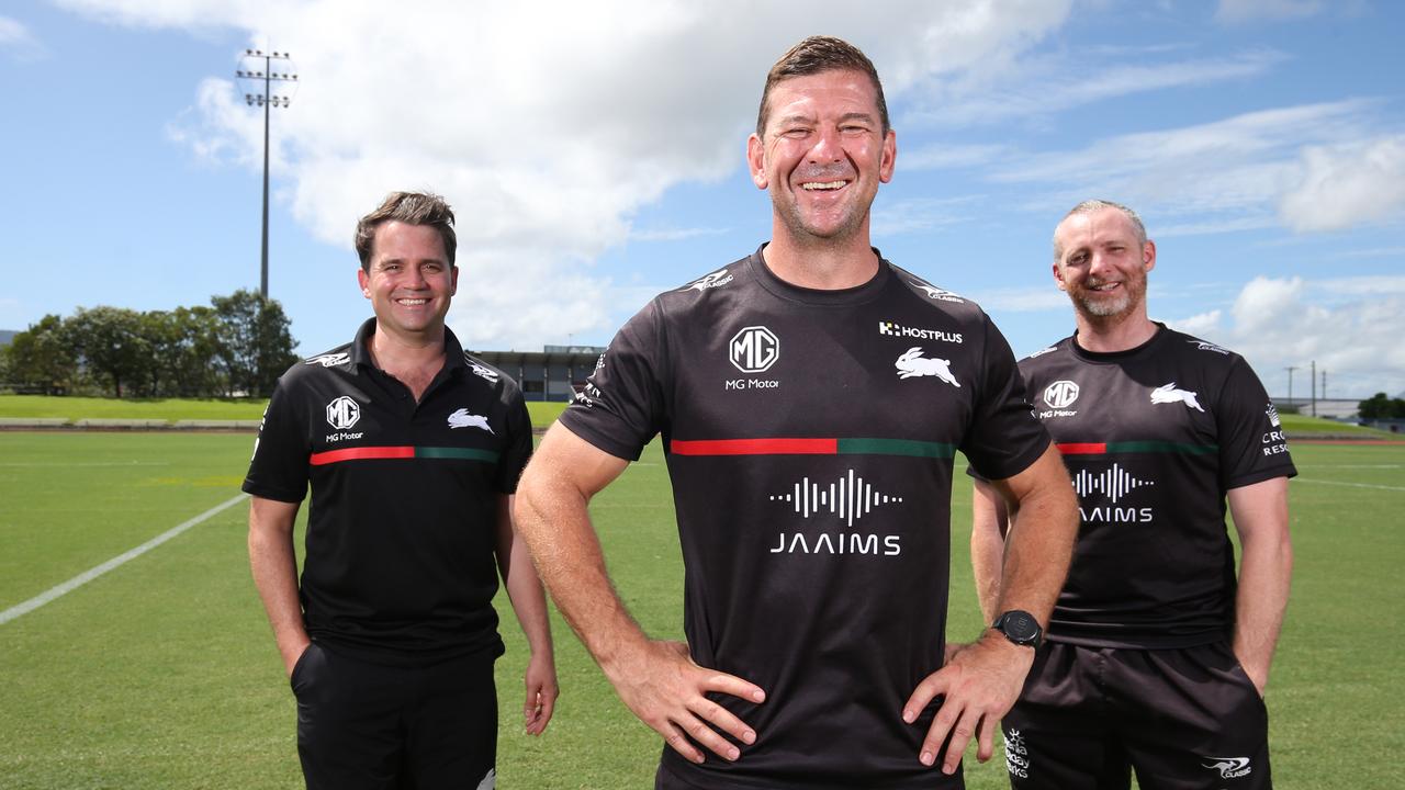 South Sydney Rabbitohs chief operating officer Brock Schaefer, head coach Jason Demetriou and head of pathways and player development Joe O'Callaghan all played key roles at the Northern Pride when the team won the Queensland Cup and the NRL State Championship in 2014. Picture: Brendan Radke