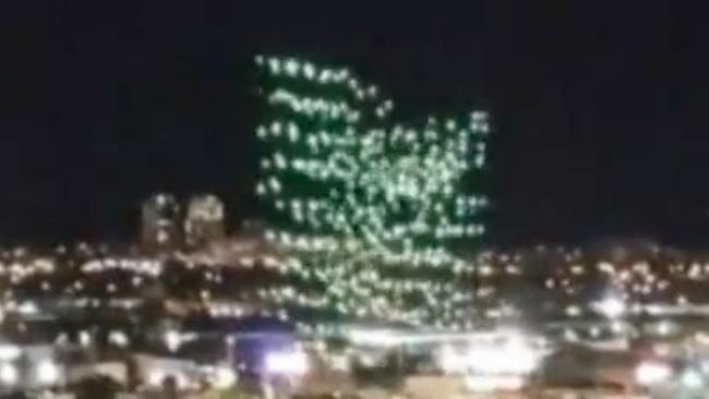 Drones were seen falling out of formation and into the Yarra River in Docklands on Friday night. Picture: Channel 9