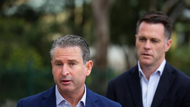 Greg Warren, Member for Campbeltown, addresses the media with NSW Labor Leader Chris Minns. Picture: NCA NewsWire / Gaye Gerard