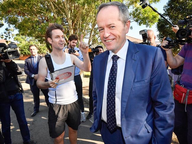 Election 2016 Hurstville, Sydney. The opposition leader Bill shorten visits St Mary's star of the sea, Catholic Primary School Hurstville seat of Barton. Labour Candidate for Barton Linda Burney. Craig from the chaser runs in a prank about getting a lift. Picture: Jason Edwards