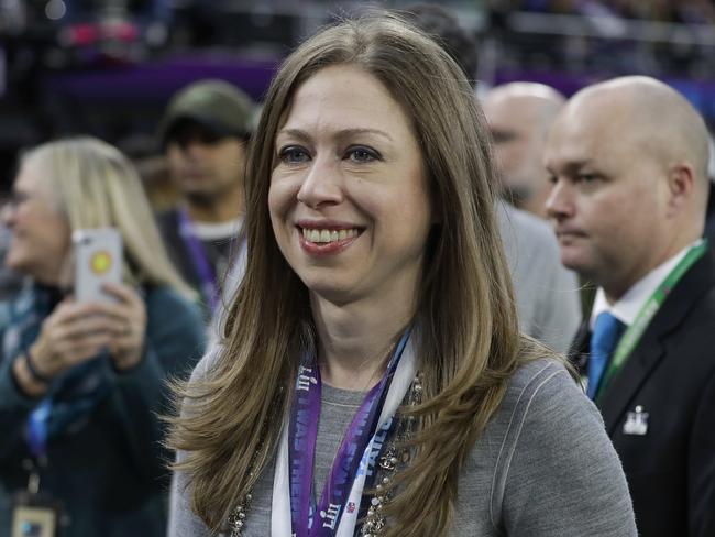 Chelsea Clinton is seen before the NFL Super Bowl 52 football game between the Philadelphia Eagles and the New England Patriots Sunday, Feb. 4, 2018, in Minneapolis. (AP Photo/Matt Slocum)