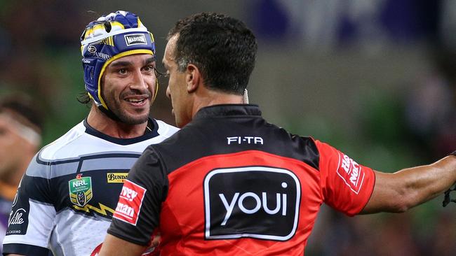 Johnathan Thurston in discussion with the referee against the Storm.