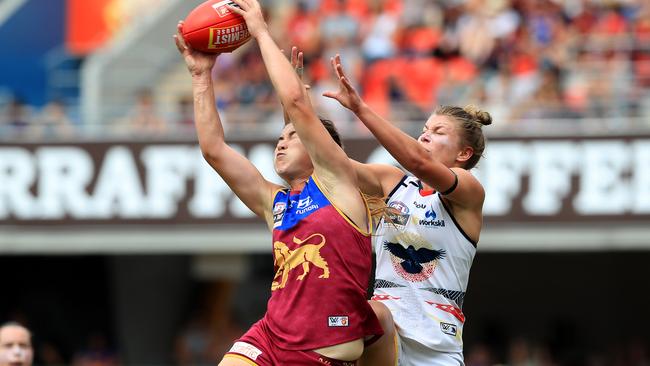 Shannon Campbell takes a big grab for the Lions. Picture: Adam Head