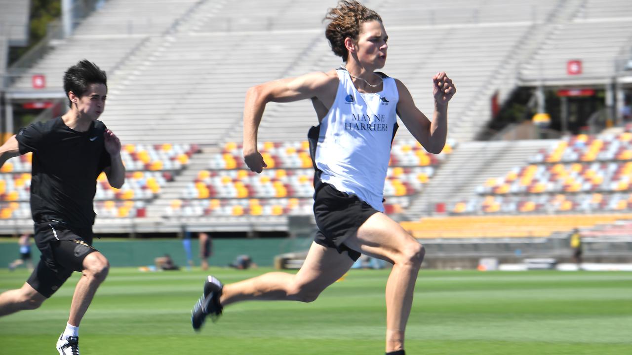 Calab Lau mens 100m u/20 Queensland athletic state titles. Saturday March 13, 2021. Picture, John Gass