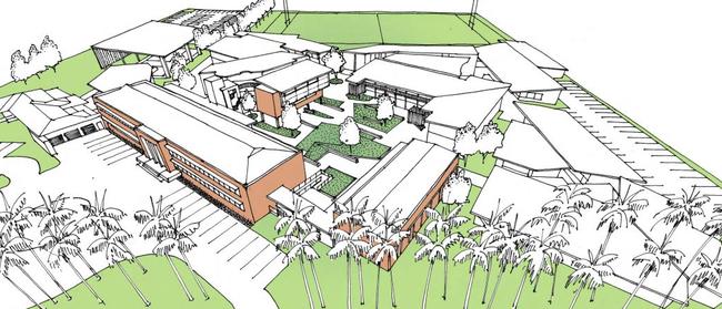 The aerial perspective of the new school. Submitted plans and concept designs for South Mackay Catholic Secondary College. Roman Catholic Trust Corp for Catholic Diocese of Rockhampton plans developed by BOLD Architecture and Interior Design.