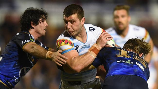 Jai Arrow looks to break through the Cowboys defence. Picture: Ian Hitchcock/Getty Images