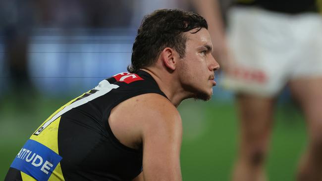 MELBOURNE, AUSTRALIA - AUGUST 03: Daniel Rioli of the Tigers looks dejected after the round 21 AFL match between North Melbourne Kangaroos and Richmond Tigers at Marvel Stadium, on August 03, 2024, in Melbourne, Australia. (Photo by Daniel Pockett/Getty Images)