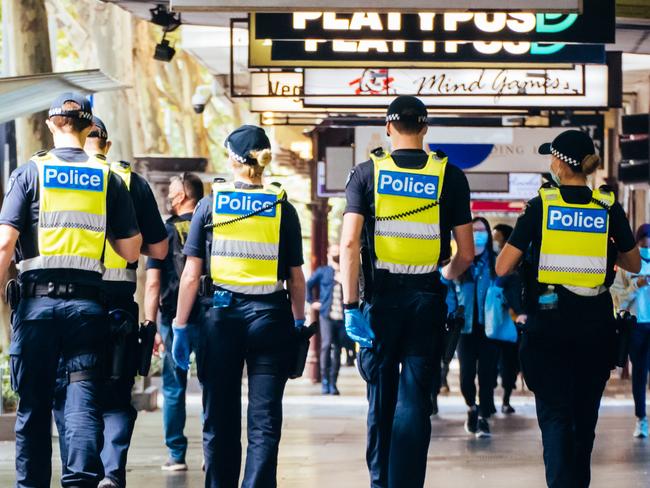MELBOURNE, AUSTRALIA - FEBRUARY 15, 2021: Police patrol the streets of Melbourne at the start of a 'circuit breaker' lockdown imposed suddenly by the Victorian Government. This is due to increasing numbers of COVID-19 cases in north western Melbourne.- PHOTOGRAPH BY Chris Putnam / Future Publishing (Photo credit should read Chris Putnam/Future Publishing via Getty Images)