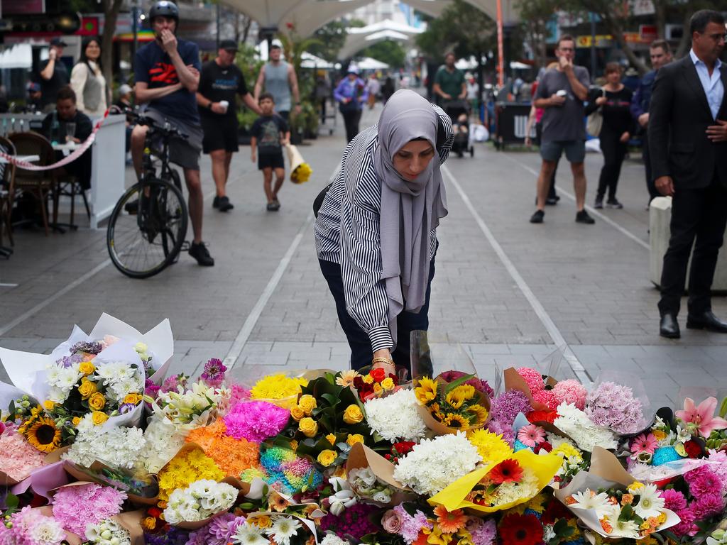 Members of the public laid floral tributes at Oxford Street Mall, Bondi Junction.The tragic scene followed a stabbing attack at the Westfield Shopping Centre in Bondi Junction, which resulted in the deaths of six victims, as well as the offender who was shot by police at the scene. The community came together to mourn the loss and honour those affected by the horrific incident. Picture: Getty