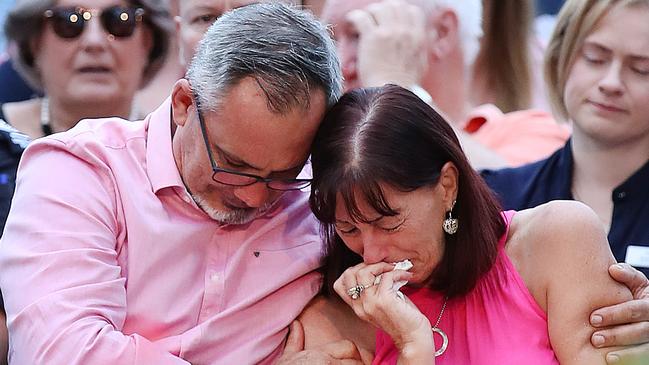 Lloyd and Suzanne Clarke, parents to Hannah Clarke, attend a vigil to remember murdered mother, Hannah Clarke and her three children at Bill Hewitt Reserve in Camp Hill Picture: Jono Searle/Getty Images