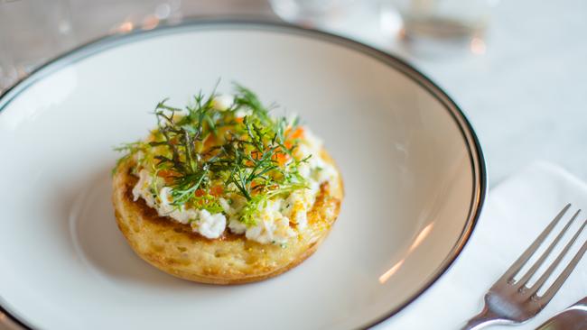 The Mayfair’s crab crumpet. Picture: Eugene Hyland