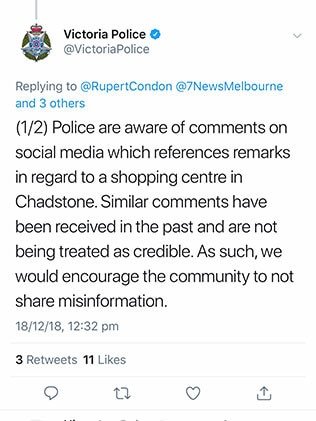 Victoria Police tweet before the Chadstone fire.