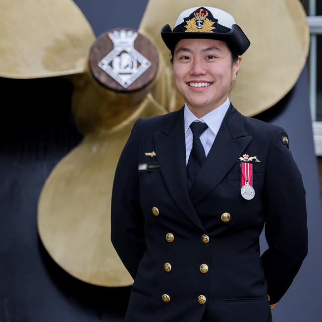 AUKUS submariner, Lieut Isabella at HMS Sultan in Gosport after being dux of the first intake of Australians at the Royal Navy nuclear training course. Picture: Supplied