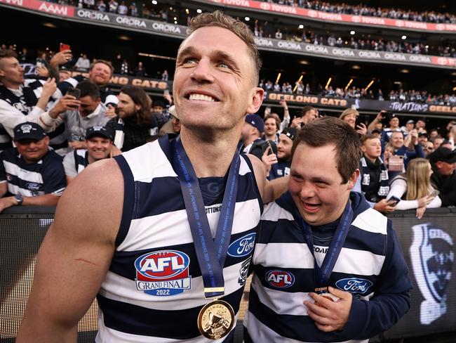 Selwood shared a touching moment Geelong water boy Sam Moorfoot. Picture: Getty Images