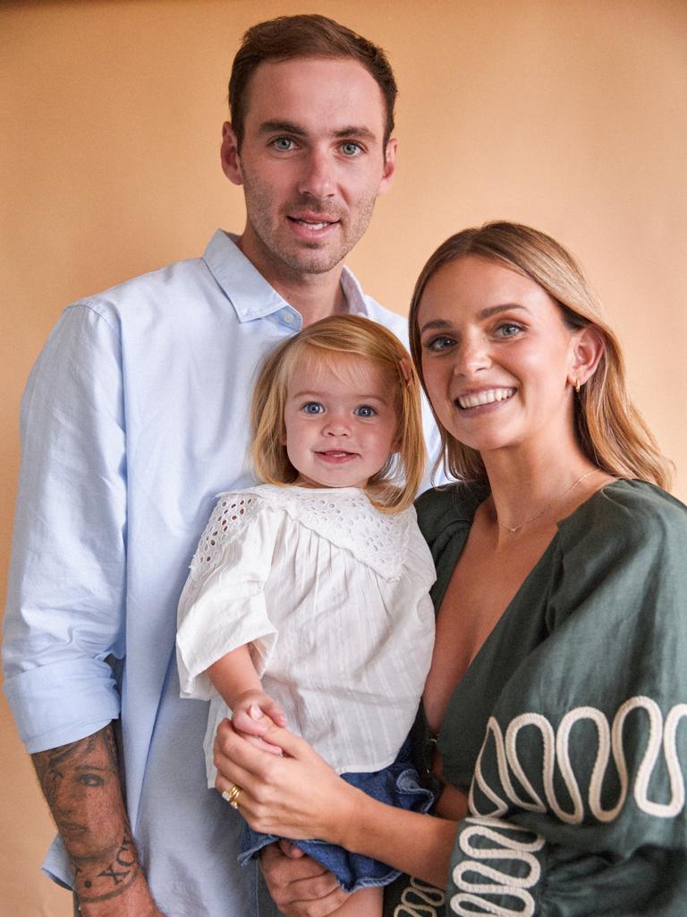 Kellie Finlayson, with husband Jeremy and daughter Sophia. is partnering with the Jodi Lee Foundation to launch a new symptom checker for bowel cancer. Picture: Supplied