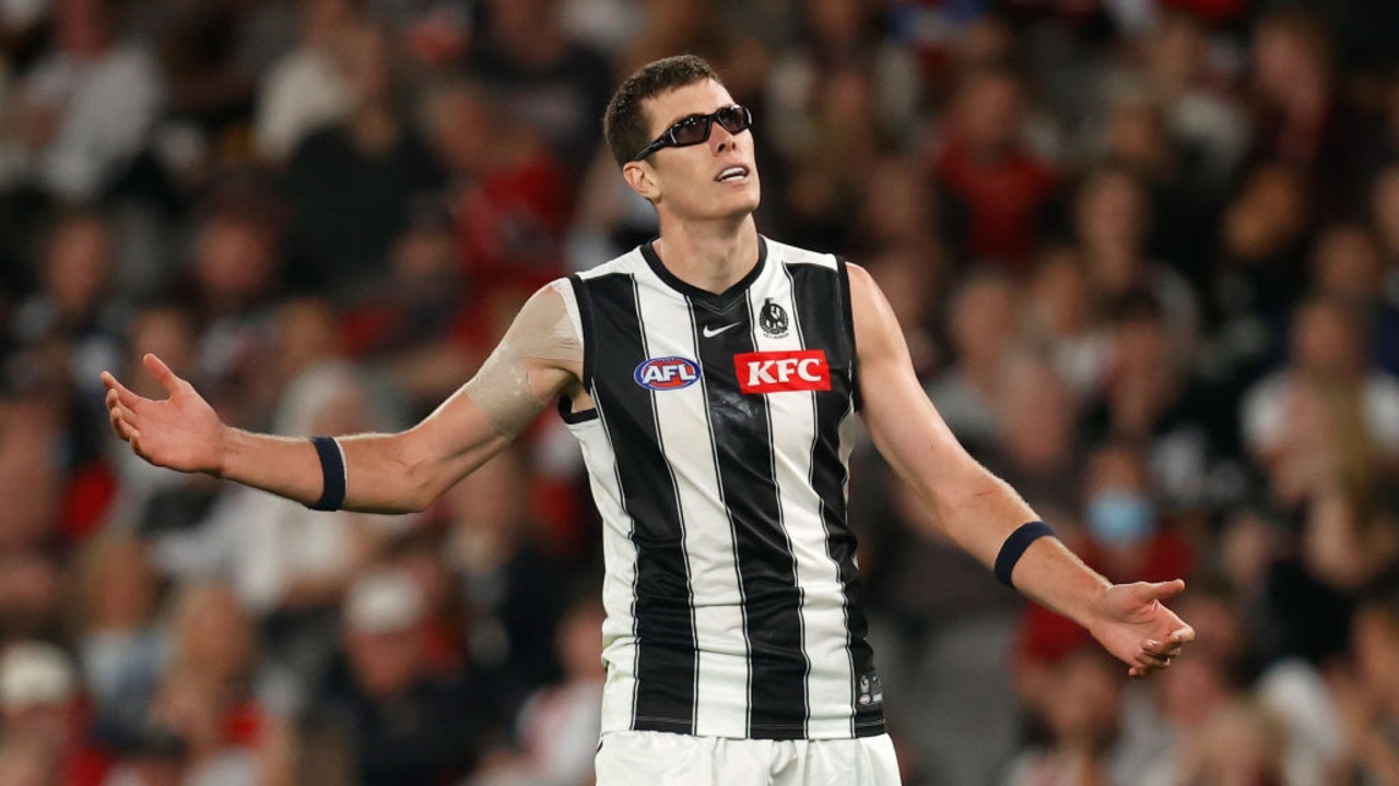 MELBOURNE, AUSTRALIA - MARCH 18: Mason Cox of the Magpies looks on during the 2022 AFL Round 01 match between the St Kilda Saints and the Collingwood Magpies at Marvel Stadium on March 18, 2022 In Melbourne, Australia. (Photo by Michael Willson/AFL Photos via Getty Images)