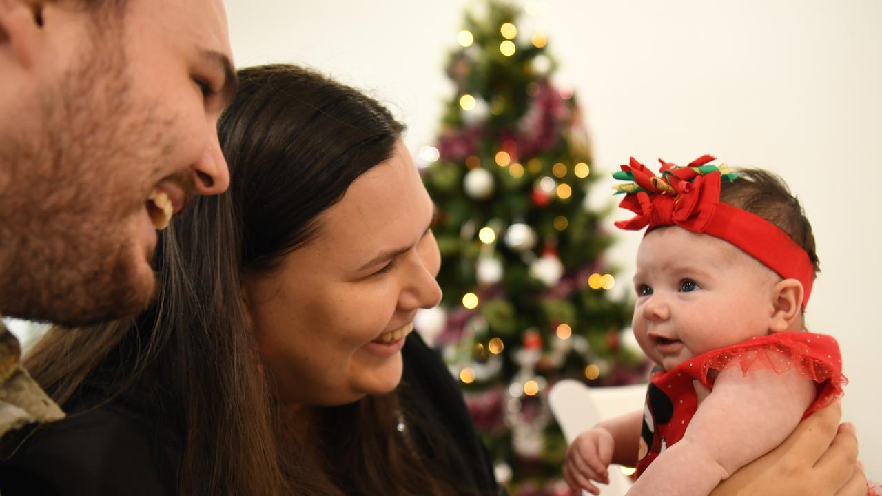 Ten week old Emelia Byster's first christmas with mum Jade Byster and dad Jason Byster. Picture: (A)manda Parkinson