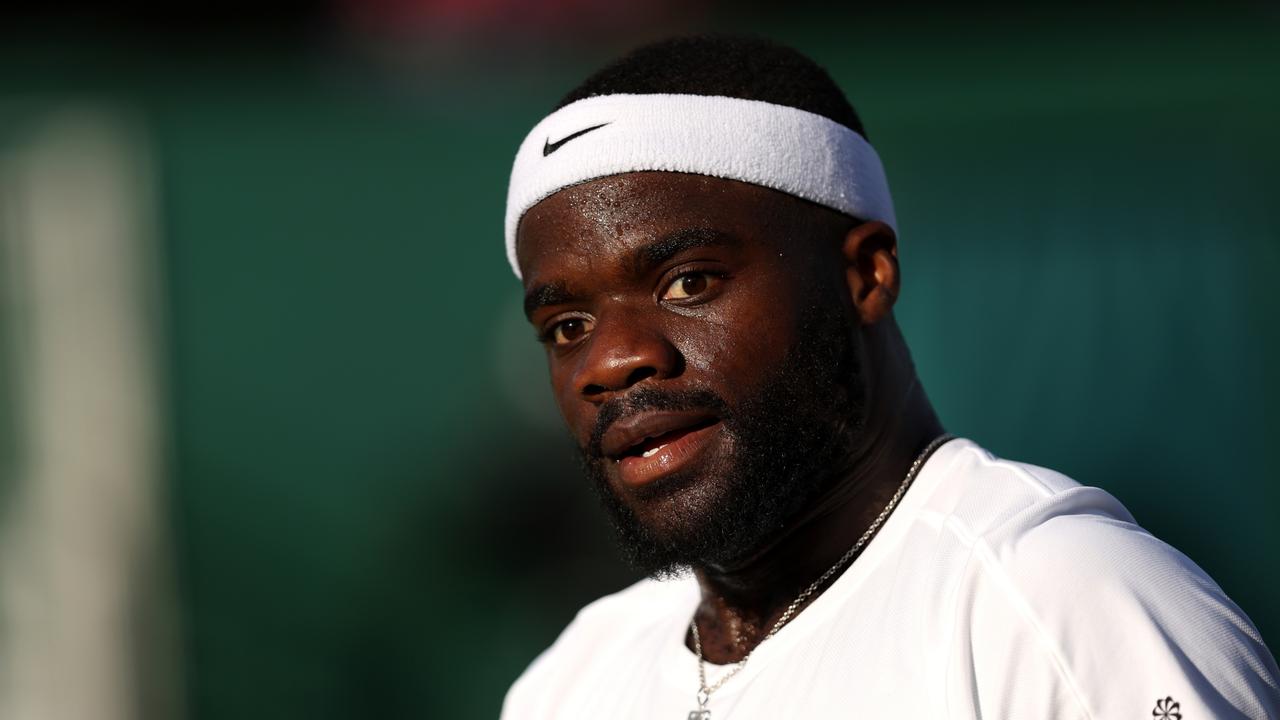 LONDON, ENGLAND - JULY 06: Frances Tiafoe of United States looks on against Dominic Stricker of Switzerland in the Men's Singles second round match during day four of The Championships Wimbledon 2023 at All England Lawn Tennis and Croquet Club on July 06, 2023 in London, England. (Photo by Clive Brunskill/Getty Images)
