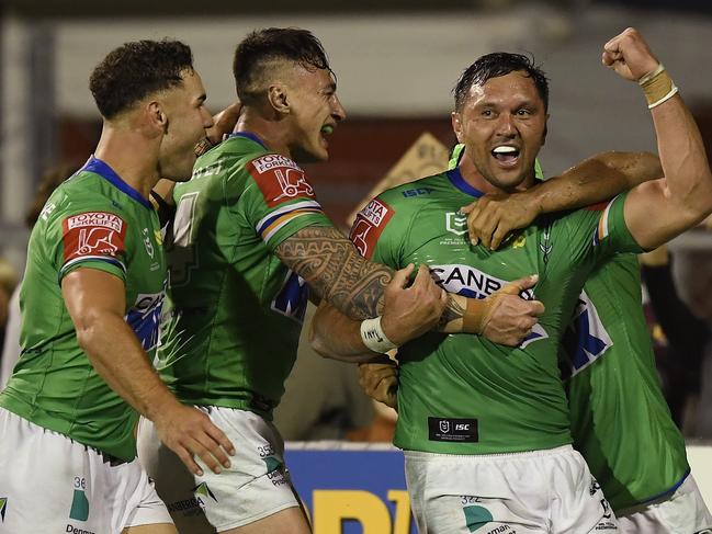 Jordan Rapana of the Raiders celebrates after scoring the game winning try during the round 24 NRL match between the New Zealand Warriors and the Canberra Raiders at BB Print Stadium, on August 27, 2021, in Mackay, Australia. Picture: Ian Hitchcock