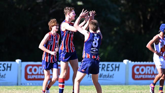 Wilston Grange players celebrate a goal QAFL colts Wilston Grange v Noosa Saturday June 24, 2023. Picture, John Gass