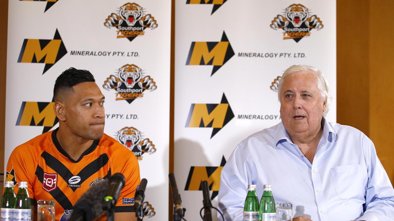BRISBANE, AUSTRALIA - NewsWire Photos MAY 21, 2021: Israel Folau and Clive Palmer during a media conference which was held in Brisbane. Picture: NCA NewsWire/Tertius Pickard