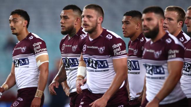 Addin Fonua-Blake (second from left) wants out of the Sea Eagles. Picture: Cameron Spencer/Getty Images