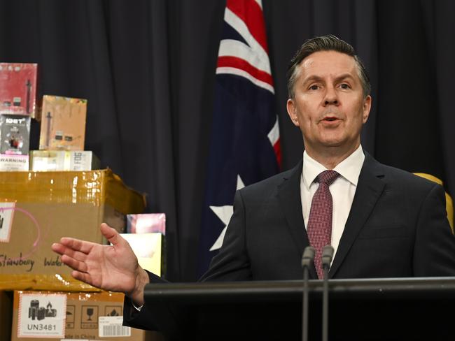 CANBERRA, AUSTRALIA, NewsWire Photos. FEBRUARY 28, 2024: Minister For Health And Aged Care, Mark Butler holds a press conference on the next steps of vaping reform and launch an influencer-led youth vaping campaign with Zahlia and Shyla Short at Parliament House in Canberra. Picture: NCA NewsWire / Martin Ollman