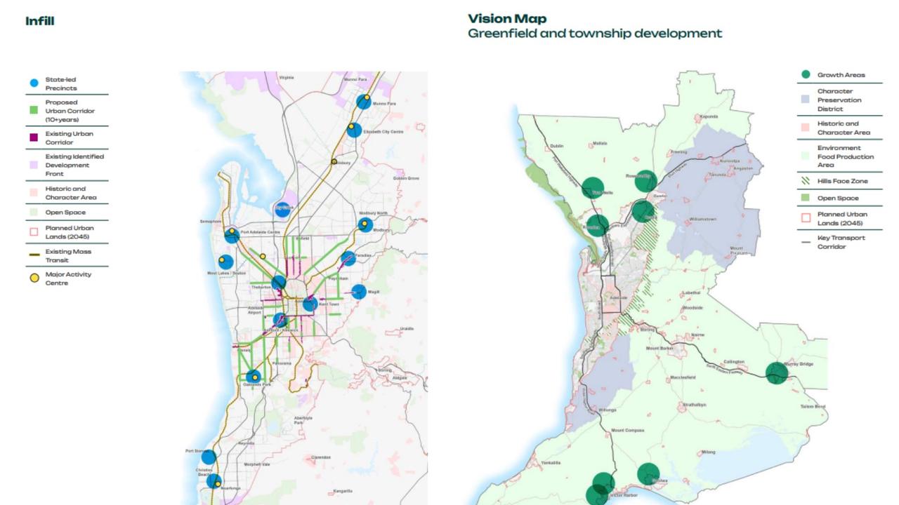 Maps from the Greater Adelaide Regional Plan: The blue dots are sites for major urban infill projects run by the state government, while the green dots signify large greenfields development sites for new housing.