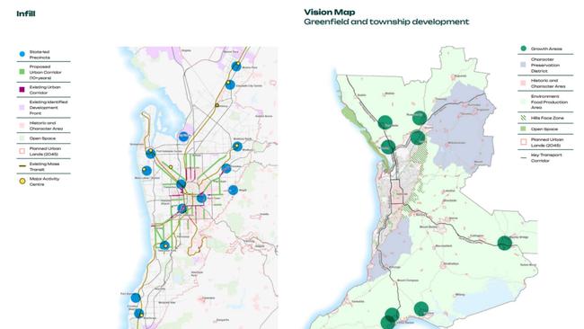 Maps from the Greater Adelaide Regional Plan: The blue dots are sites for major urban infill projects run by the state government, while the green dots signify large greenfields development sites for new housing.