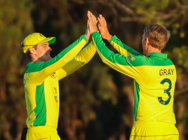 Toby Gray celebrates one of his seven wickets for the Cricket Australia XI. Picture: NT Cricket.