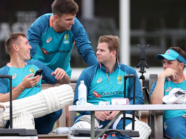 Marnus Labuschagne and Mitch Marsh (with Steve Smith) are possible replacements along with Marcus Harris if David Warner loses his opening spot. Picture: Ryan Pierse/Getty Images