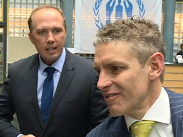 Peter Dutton and his chief of staff, Craig Maclachlan (right), at the UNHCR in 2016.