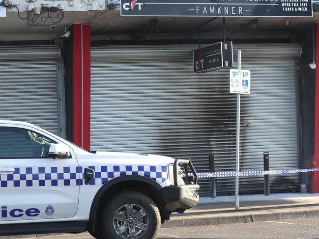 Police at the scene of a tobacco shop fire bombing in Fawkner. Thursday, October 24. 2024. Picture: David Crosling