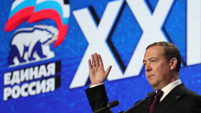 Chairman of the United Russia party Dmitry Medvedev addresses the audience during the United Russia party congress in Moscow. Picture: AFP