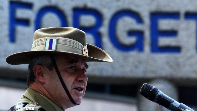 Lt Colonel Daryl Campbell addresses the Surfers Paradise Anzac service and wreath laying ceremony at the Cenotaph in Cavill Park last year. Photo: Regi Varghese