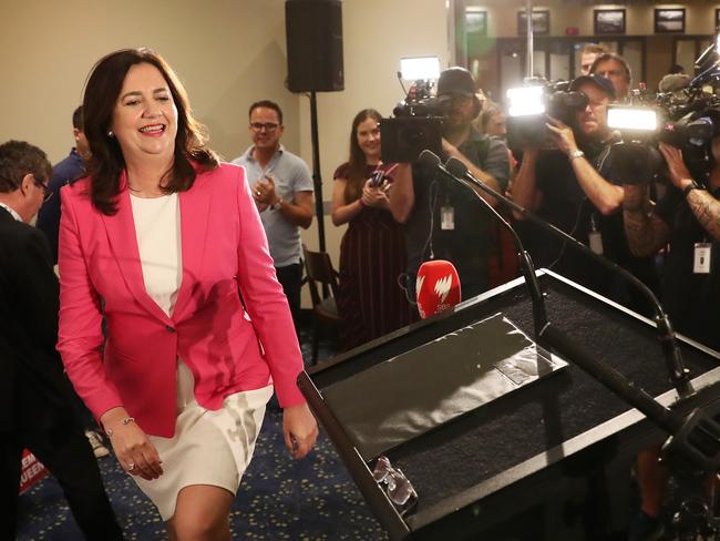 Annastacia Palaszczuk walks on stage to make her speech at the election after party, Blue Fin Fishing Club, Inala. Photographer: Liam Kidston.