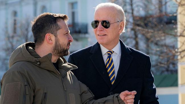 Ukraine President Volodymyr Zelensky and US President Joe Biden in Kyiv last February. Picture: AFP