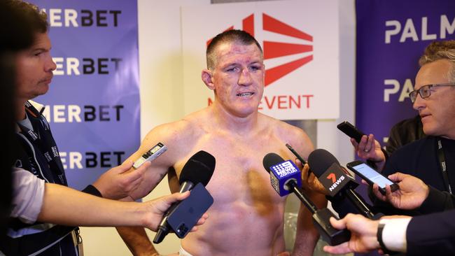 Pictured in his change room is boxer Paul Gallen following his loss to Justis Huni. Picture: Richard Dobson.