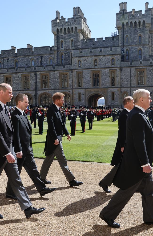 Prince William, Duke of Cambridge, Peter Phillips, Prince Harry, Duke of Sussex, Prince Andrew, Duke of York and Prince Edward, Earl of Wessex during the Ceremonial Procession during the funeral of Prince Philip. Picture: Getty