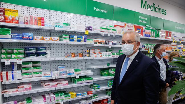 Mr Morrison – at a pharmacy in Tasmania, blasted the Robodebt inquiry as ‘hypocritical’. Picture: Jason Edwards