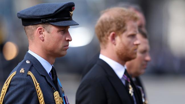 Prince William and Prince Harry walked side-by-side behind the Queen’s coffin. Picture: Getty Images