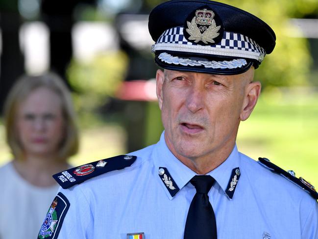 Deputy Police Commissioner Steve Gollschewski at the media conference as Chief Health Officer Jeannette Young looks on. Picture: John Gass