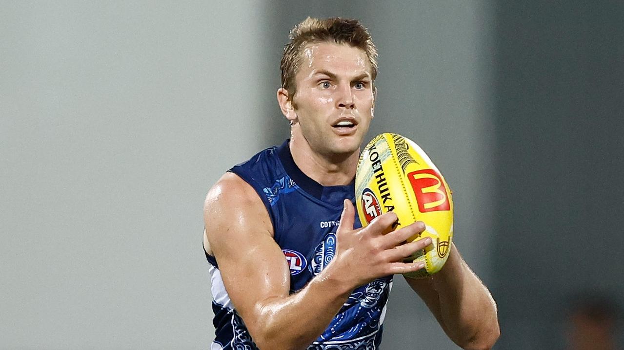 DARWIN, AUSTRALIA - MAY 16: Tom Atkins of the Cats in action during the 2024 AFL Round 10 match between The Gold Coast SUNS and The Geelong Cats at TIO Stadium on May 16, 2024 in Darwin, Australia. (Photo by Michael Willson/AFL Photos via Getty Images)