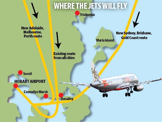 The new flight paths for incoming planes at Hobart Airport.