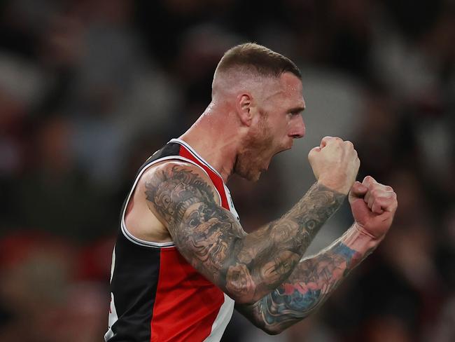 MELBOURNE. 28/04/2023. AFL. Round 7.     St Kilda vs Port Adelaide at Marvel Stadium . Tim Membrey of the Saints celebrates a 1st quarter goal  . Pic: Michael Klein